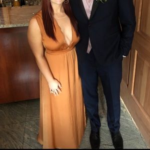 Tan maxi dress with nude mesh on sides and front